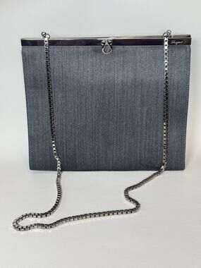 Salvatore Ferragamo Evening Bag Grey Flannel Gancini-Clasp Vintage Rare